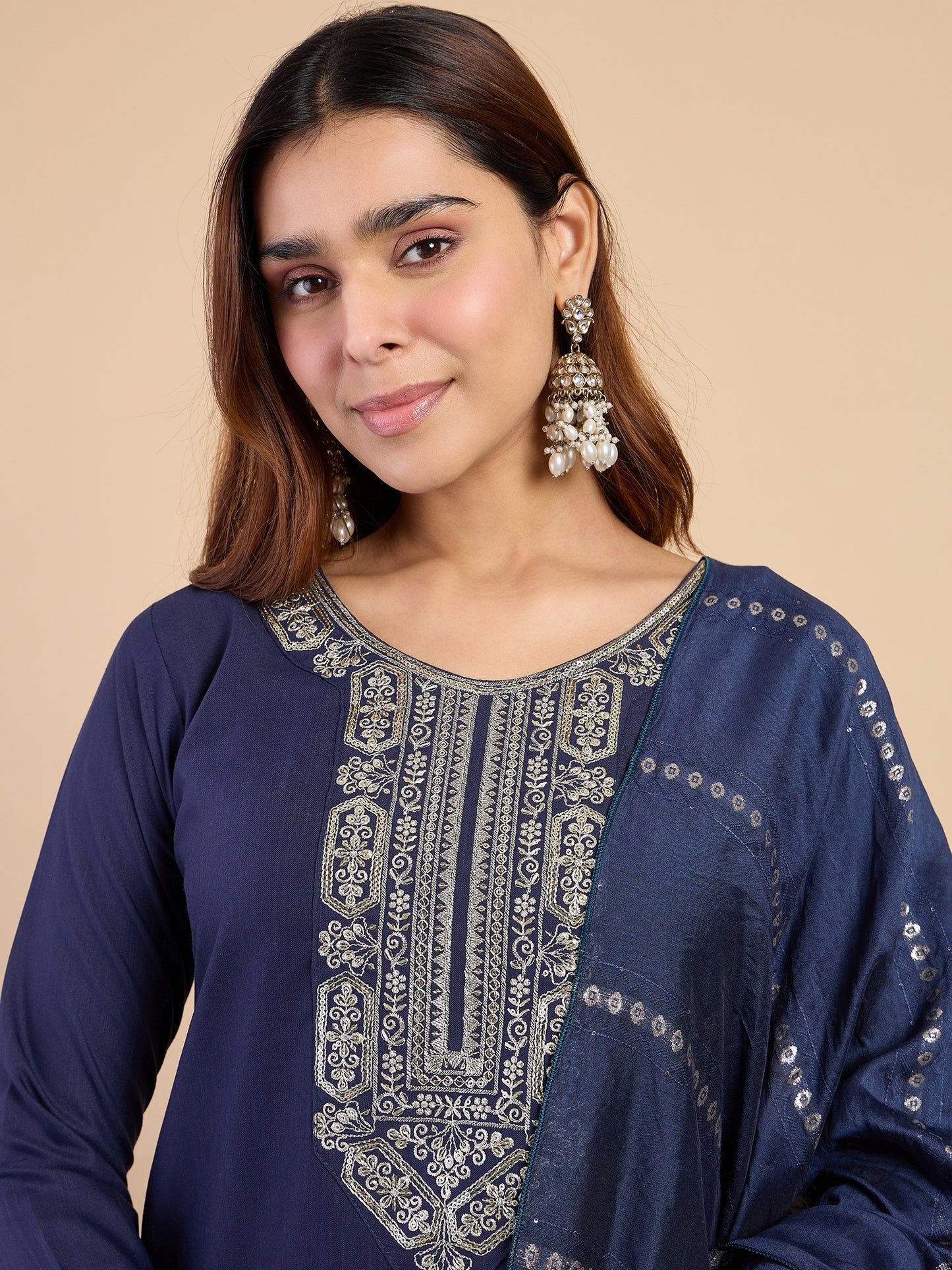 Dhiyona VV  Navy Blue Wome's Traditional Kurta Pant Set with Dupatta