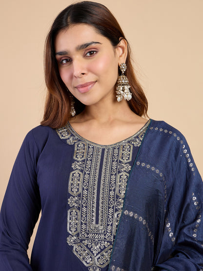 Dhiyona VV  Navy Blue Wome's Traditional Kurta Pant Set with Dupatta