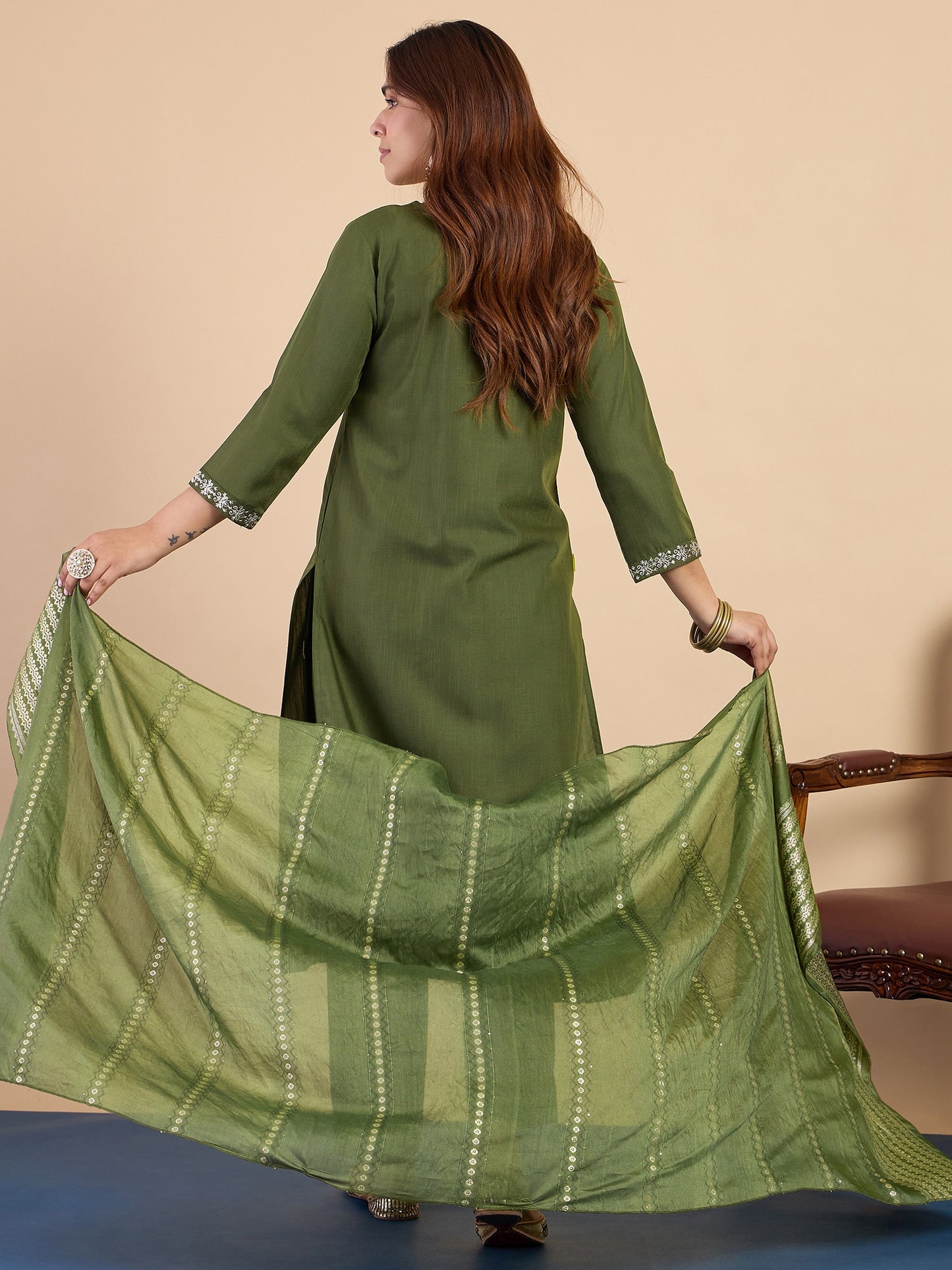 Dhiyona VV Mehndi Women's Designer Kurta Pant Set Premium Pattern Collection