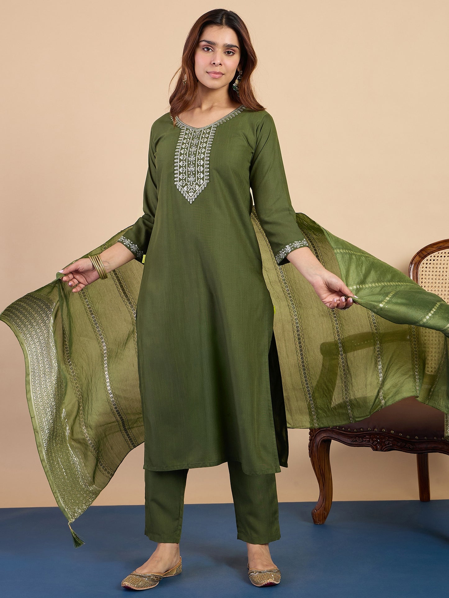 Dhiyona VV Mehndi Women's Designer Kurta Pant Set Premium Pattern Collection