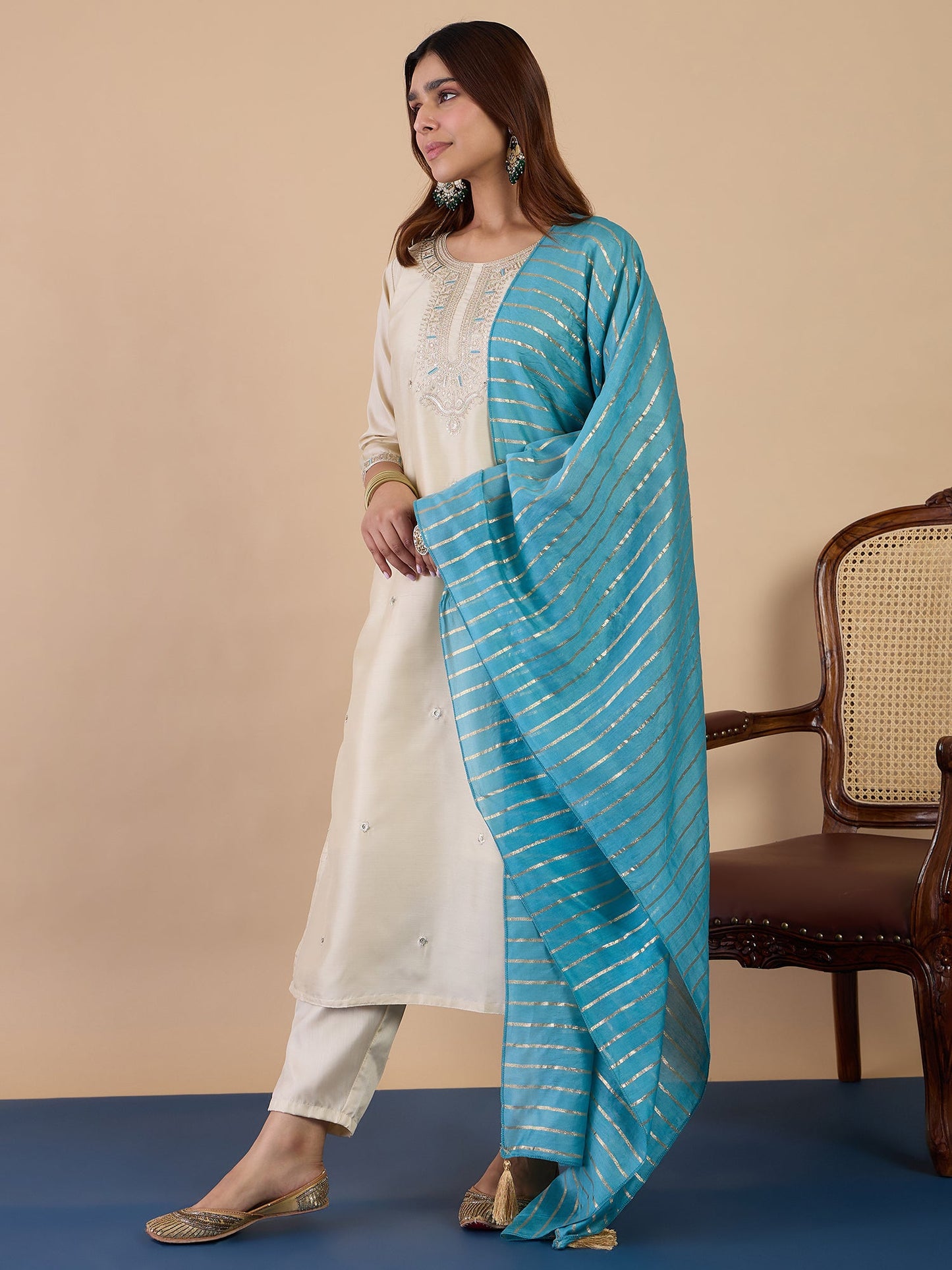 Dhiyona VV Cream Women's Designer Kurta Pant Set Premium Pattern Collection