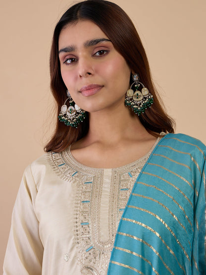 Dhiyona VV Cream Women's Designer Kurta Pant Set Premium Pattern Collection