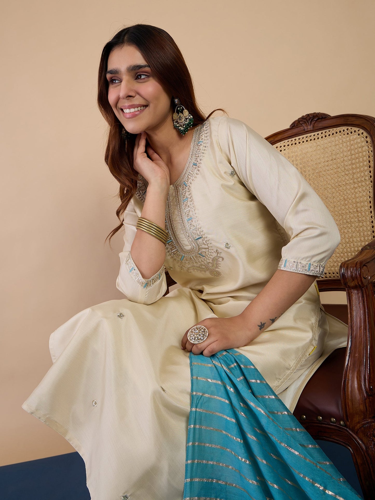 Dhiyona VV Cream Women's Designer Kurta Pant Set Premium Pattern Collection