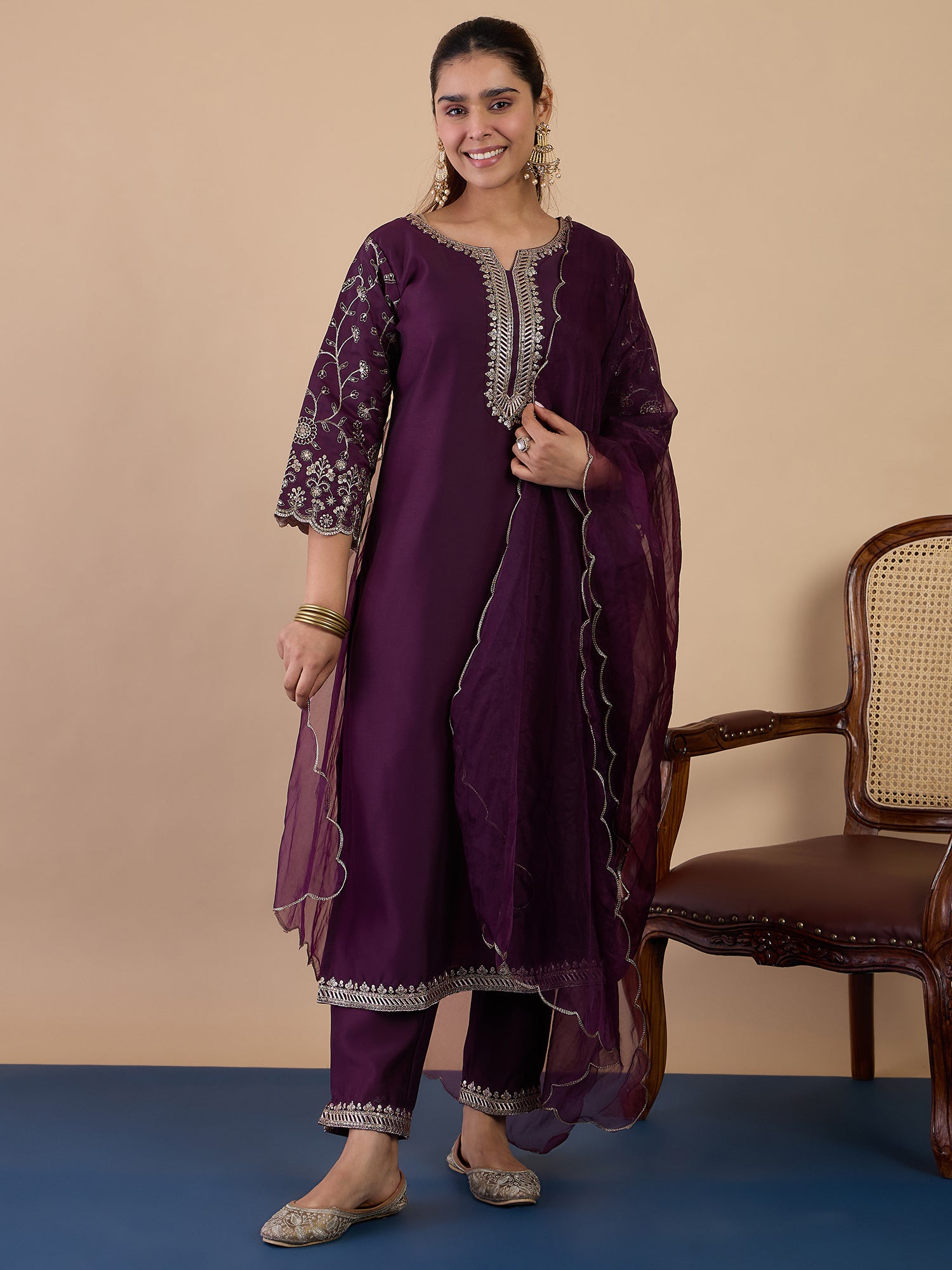 Dhiyona VV Wine Women's Designer Kurta Pant Set Premium Pattern Collection