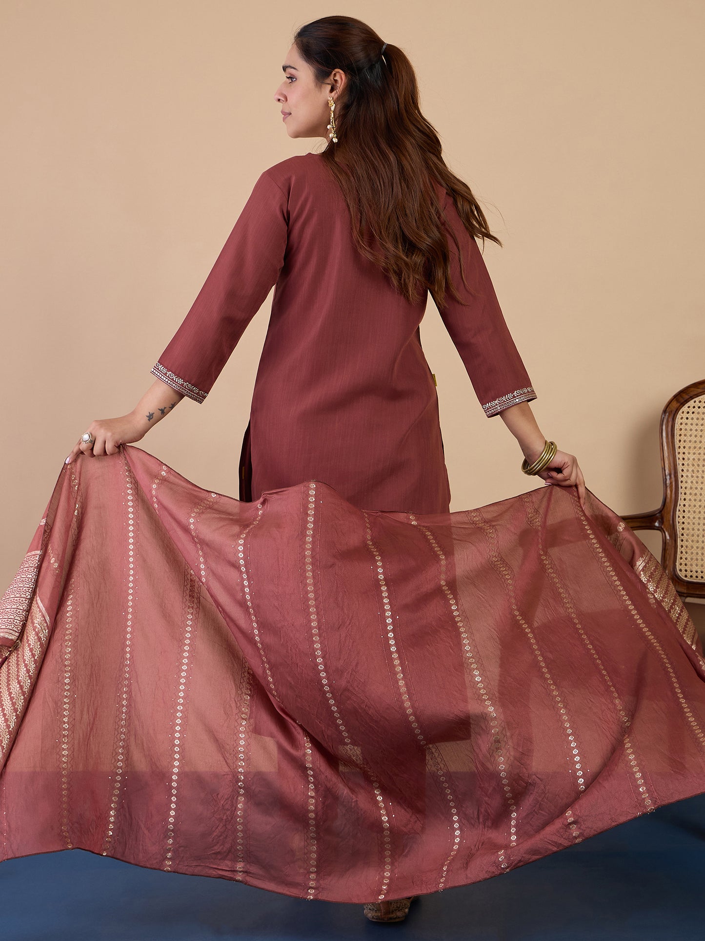Dhiyona VV Brown Women's Traditional Kurta Pant Set with Dupatta