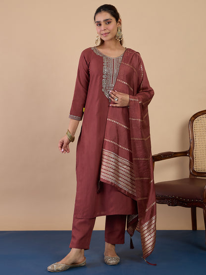 Dhiyona VV Brown Women's Traditional Kurta Pant Set with Dupatta