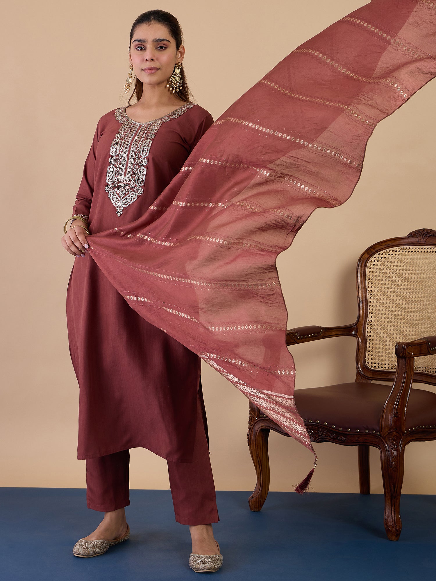 Dhiyona VV Brown Women's Traditional Kurta Pant Set with Dupatta