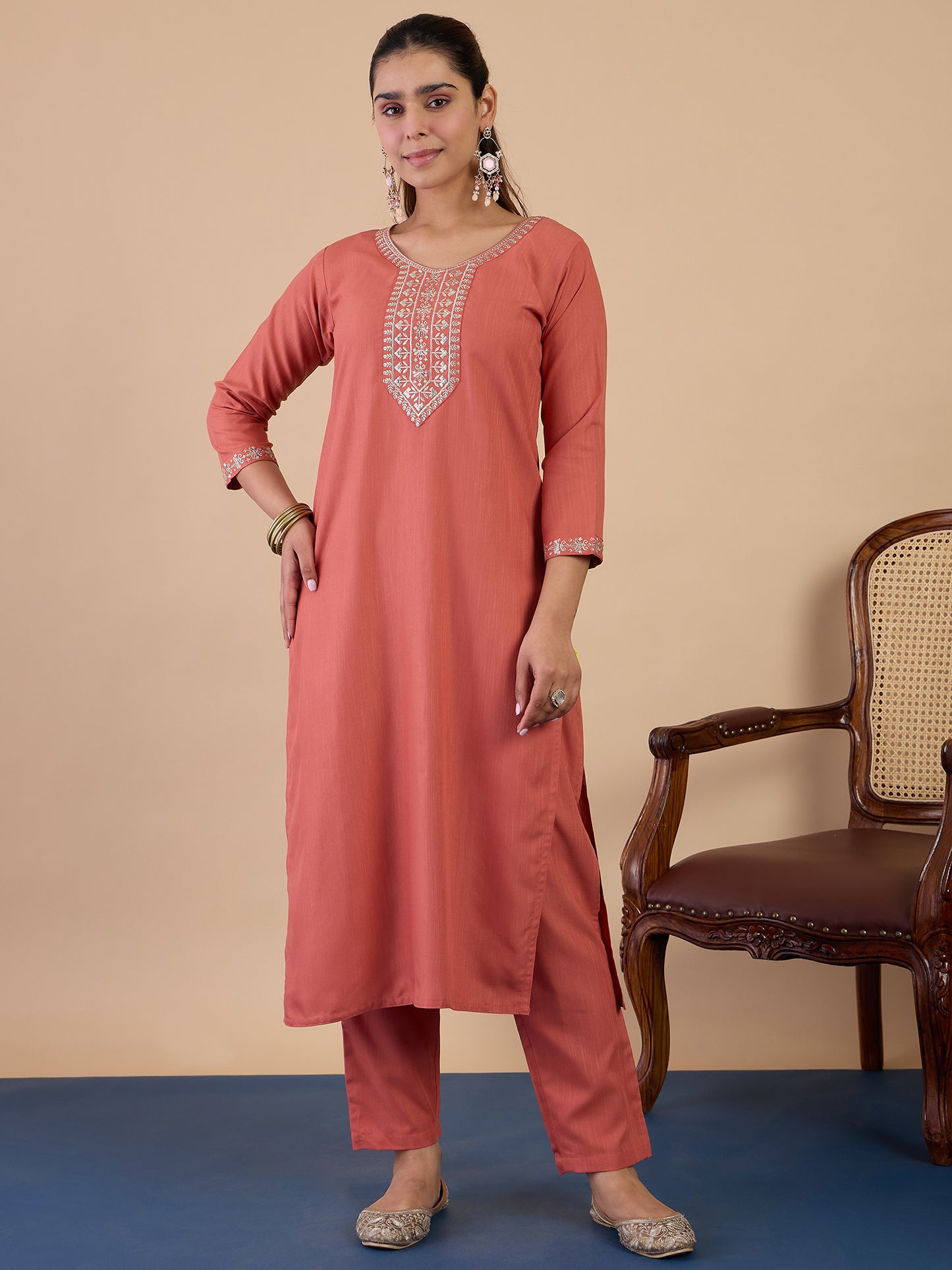 Dhiyona VV Peach Women's Designer Kurta Pant Set Premium Pattern Collection