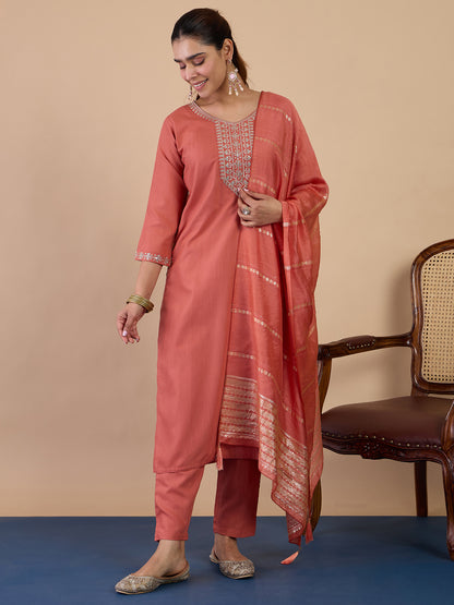 Dhiyona VV Peach Women's Designer Kurta Pant Set Premium Pattern Collection
