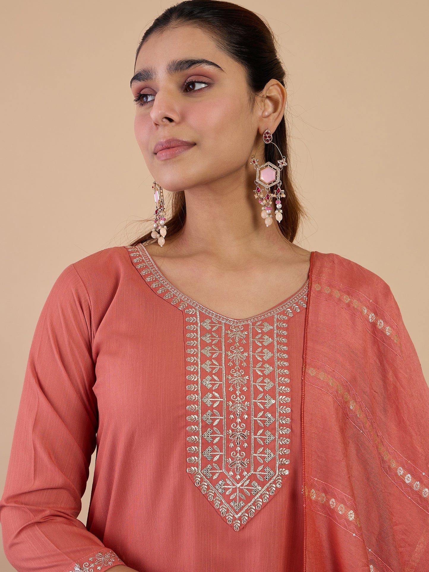 Dhiyona VV Peach Women's Designer Kurta Pant Set Premium Pattern Collection