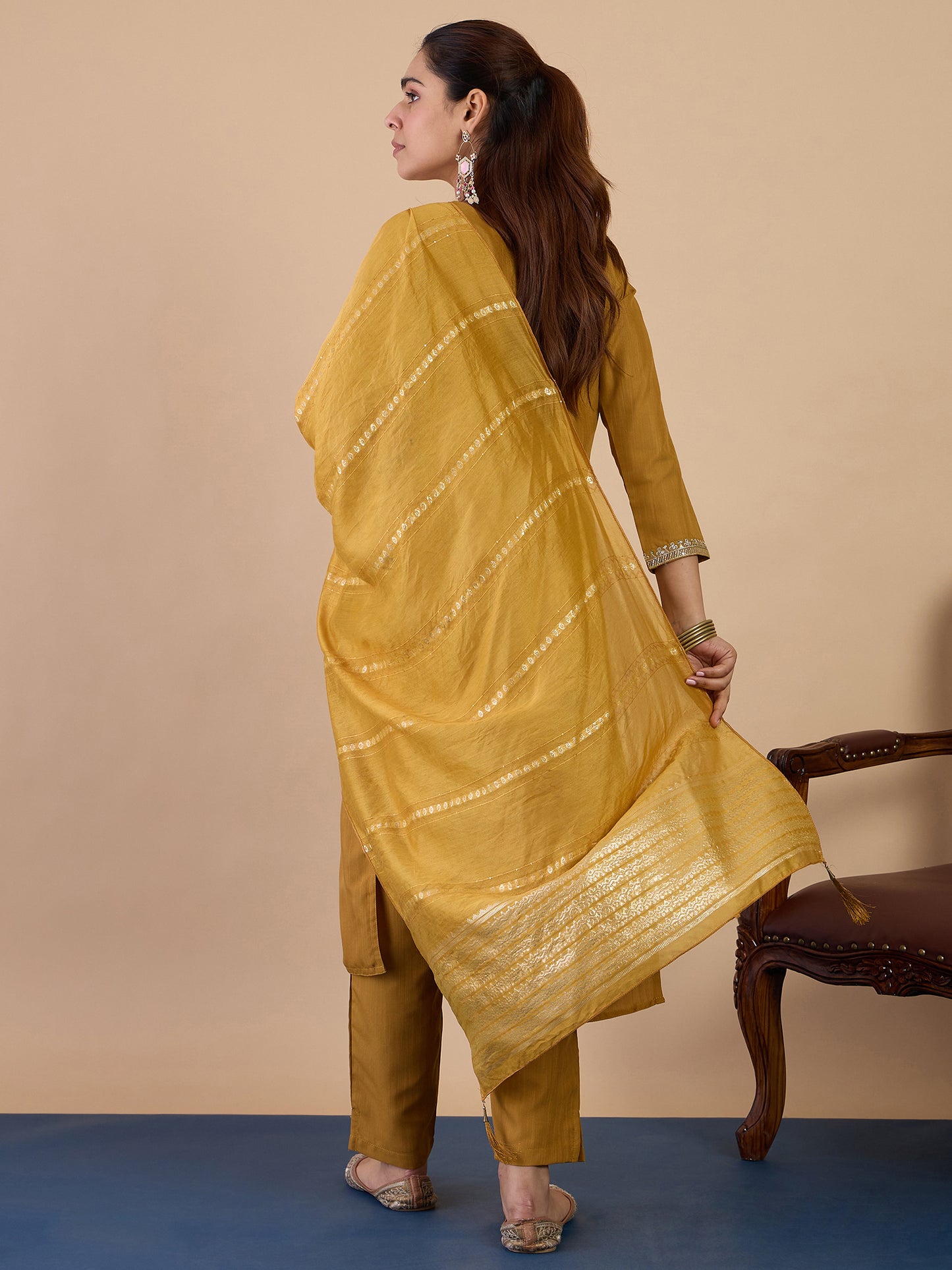 Dhiyona VV Mustard Elegant Embroidered Kurta Pant Set for Women