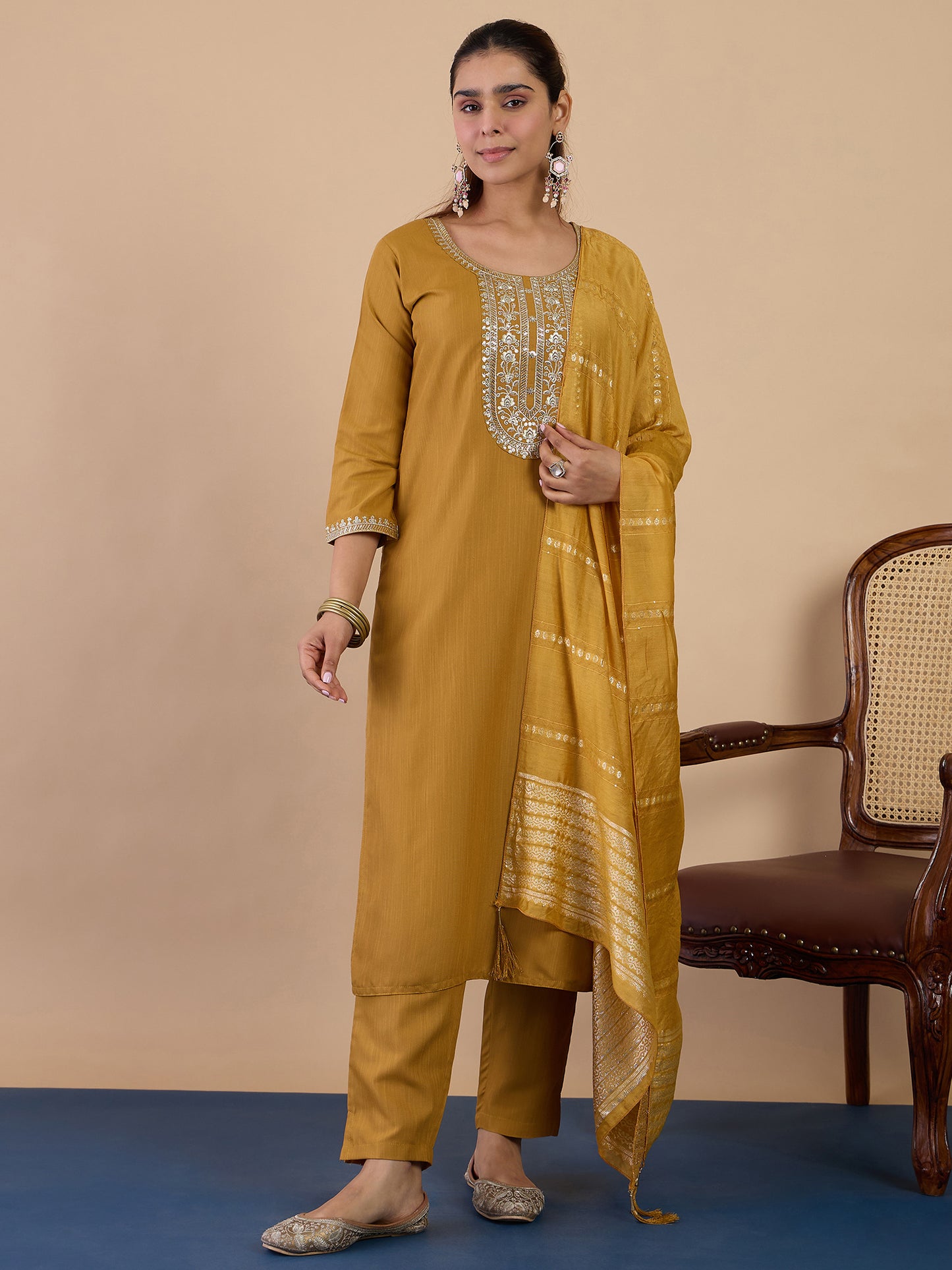 Dhiyona VV Mustard Elegant Embroidered Kurta Pant Set for Women
