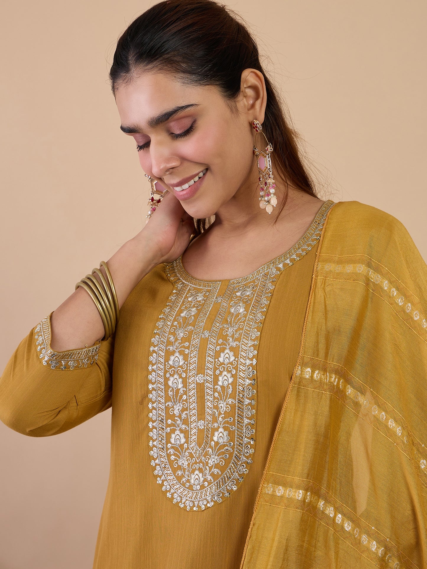Dhiyona VV Mustard Elegant Embroidered Kurta Pant Set for Women