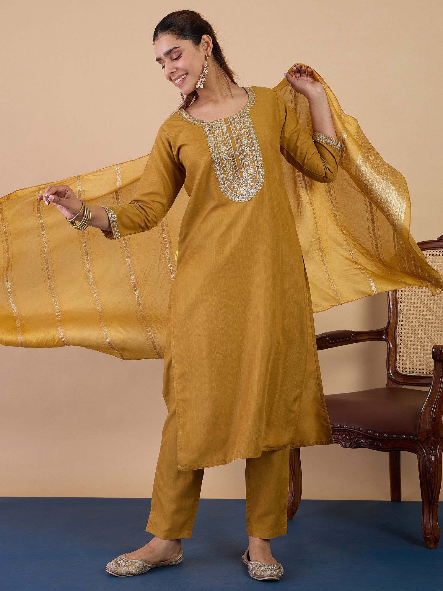 Dhiyona VV Mustard Elegant Embroidered Kurta Pant Set for Women