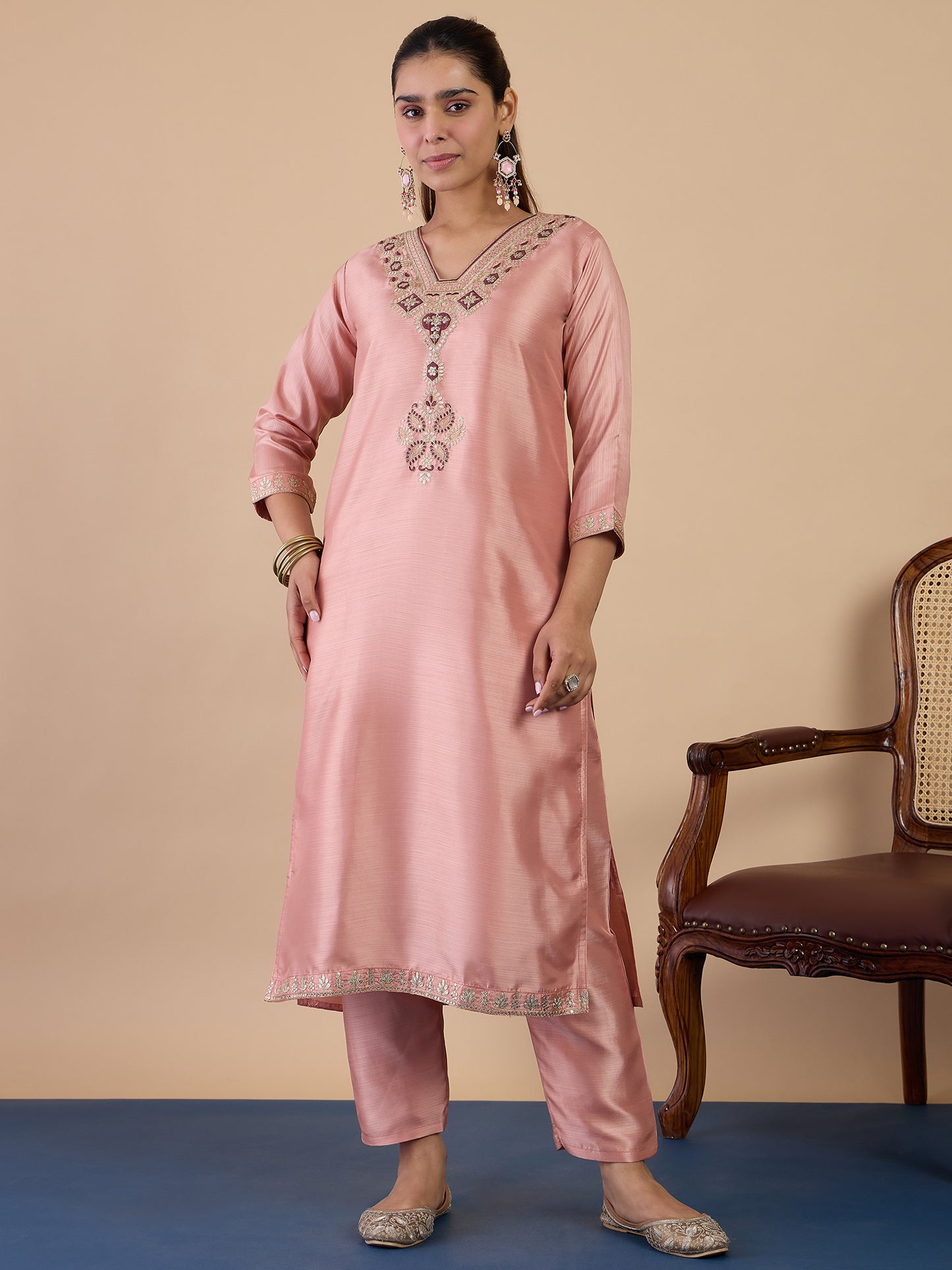 Dhiyona VV Peach Women's Designer Kurta Pant Set Premium Pattern Collection