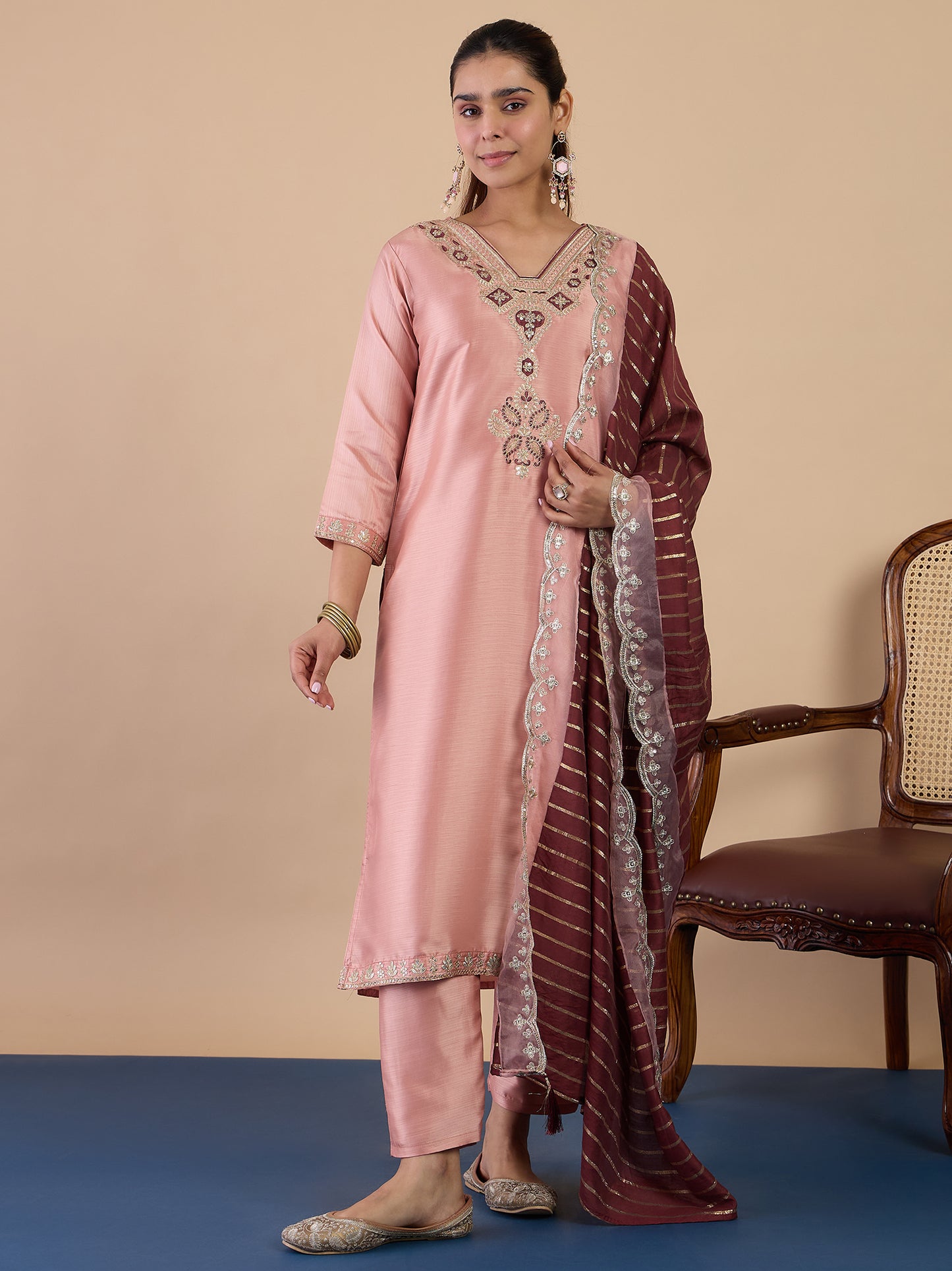 Dhiyona VV Peach Women's Designer Kurta Pant Set Premium Pattern Collection