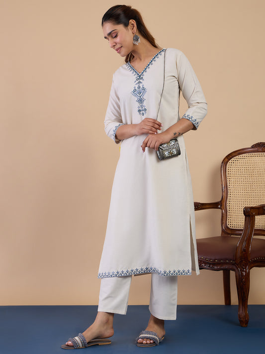 Dhiyona VV Off-white Women's Designer Kurta Pant Set Premium Pattern