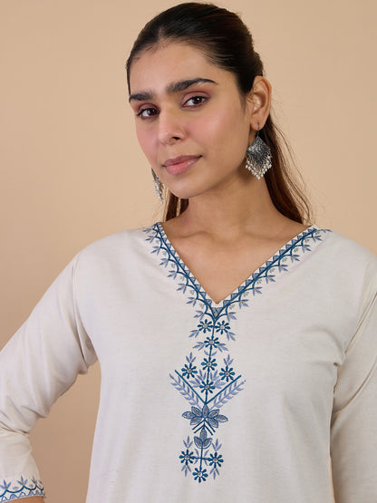 Dhiyona VV Off-white Women's Designer Kurta Pant Set Premium Pattern