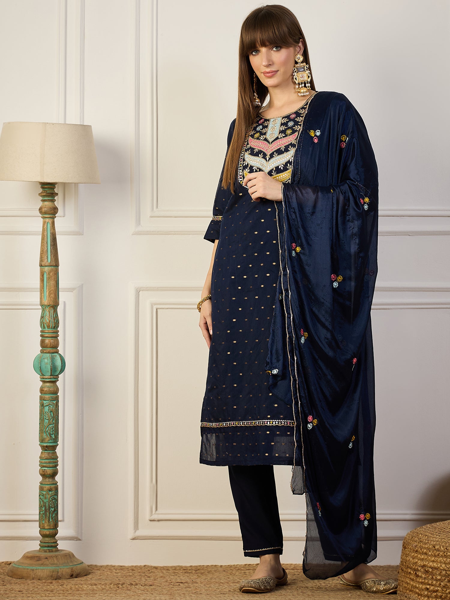 Dhiyona VV Blue Embroidered Chanderi Silk Kurta Set with Embroidered Dupatta