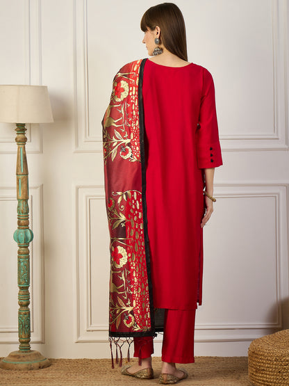 Dhiyona VV Sitara Red and Black Cotton Silk Blend Kurta Set With Jacquard Woven Meenakari Dupatta