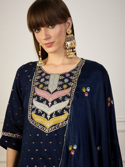 Dhiyona VV Blue Embroidered Chanderi Silk Kurta Set with Embroidered Dupatta