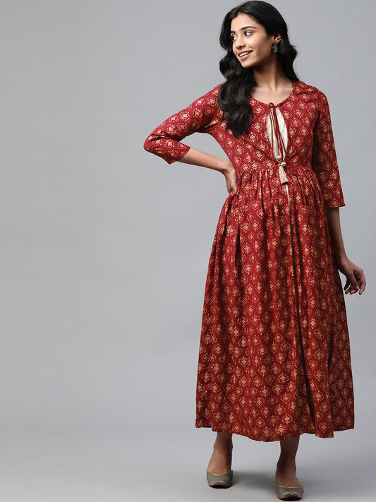Dhiyona AY Women's Maroon & Golden Block Print Cotton Layered Maxi Nursing Dress