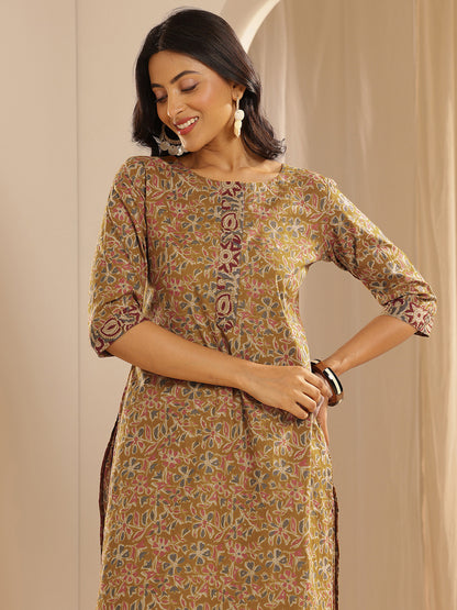 Floral Printed Thread Work Straight Kurta With Salwar & Dupatta