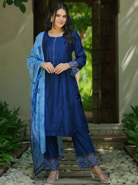 Floral Round Neck Panelled A Line Kurta with Trousers & Dupatta