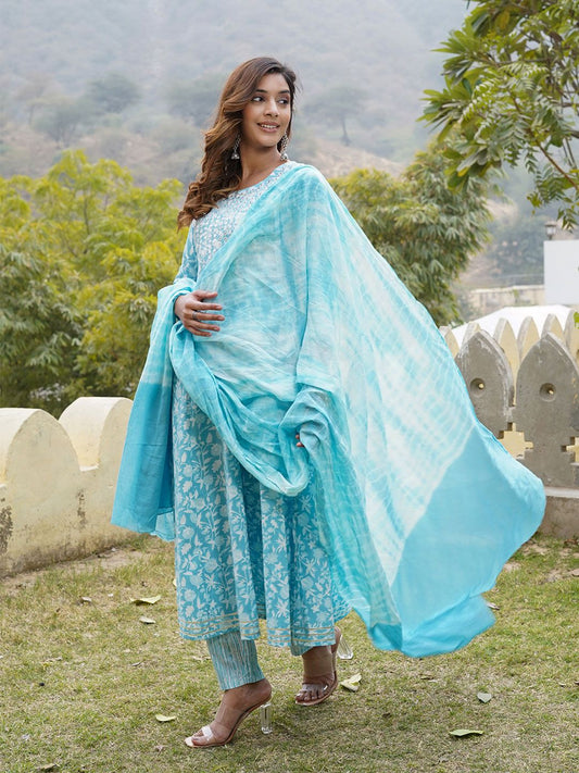 Dhiyona KL Floral Printed Round Neck Pure Cotton A-Line Kurta With Trousers & Dupatta
