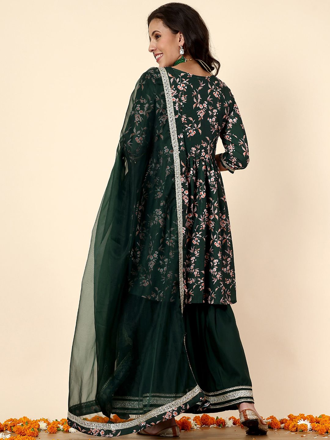 Dhiyona AN Floral Printed Anarkali Kurta with Sharara & With Dupatta