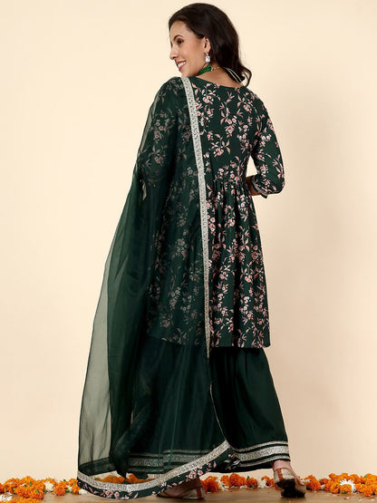 Dhiyona AN Floral Printed Anarkali Kurta with Sharara & With Dupatta