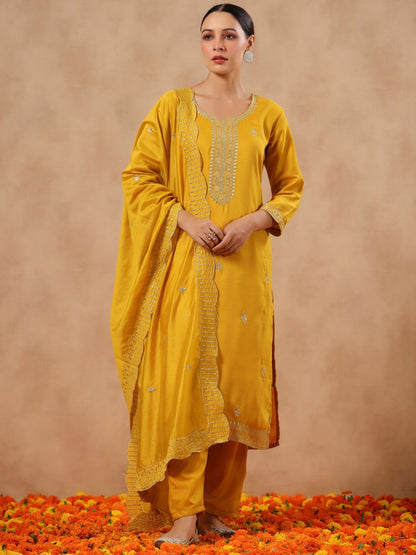 Dhiyona IS Women's Ethnic Motifs Embroidered Sequinned Straight Kurta & Trousers With Dupatta