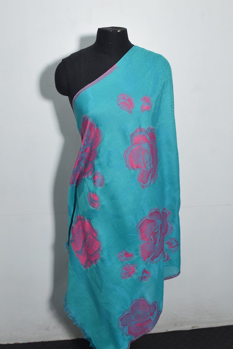 Women's Turquoise Pashmina Woven Jacquard Shawl