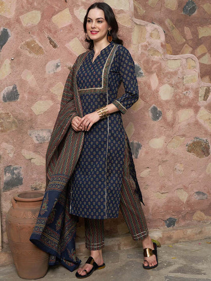Printed Pure Cotton Kurta with Trousers & With Dupatta