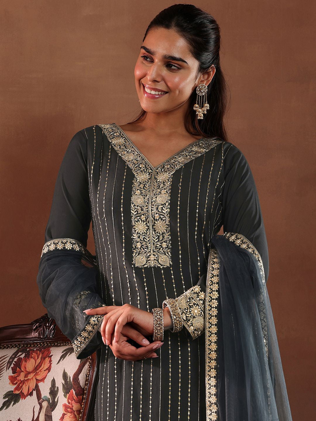 Black and Grey Floral Embroidered Thread Work Kurta with Trouser & Dupatta