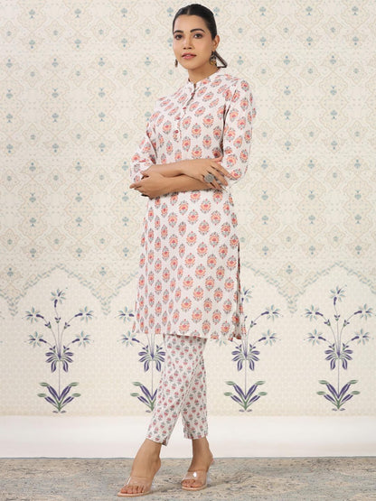 Dhiyona OD  Ethnic Motifs Printed Band Collar Pure Cotton Kurta with Trousers