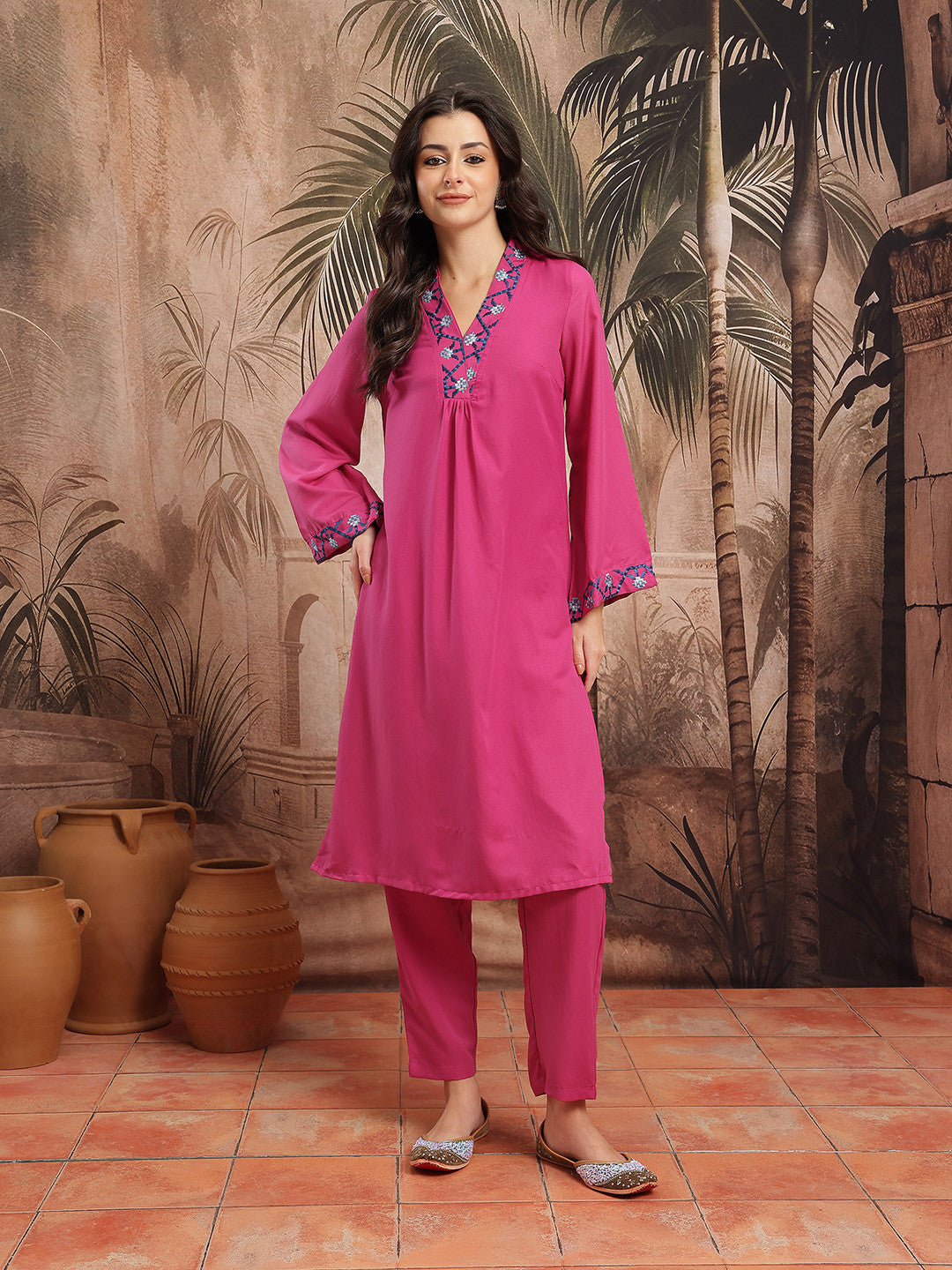 Regular Thread Work Kurta with Trousers