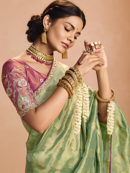 Dhiyona KM Women Mint Green Kanjivaram Silk Saree With Wine Embroidered Blouse “ Perfect For Weddings & Festive Wear