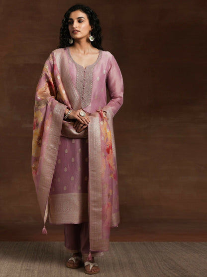 Women's LB Mauve Woven Design Silk Blend Straight Kurta With Palazzos & Dupatta