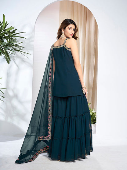 Dhiyona IN Women Floral Embroidered Regular Thread Work Kurta with Sharara & With Dupatta