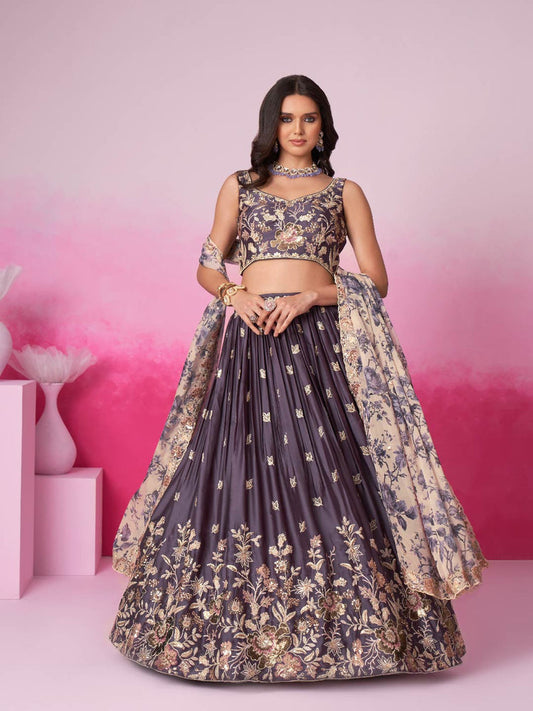 Women Purple Satin silk Sequins embroidery  Lehenga choli & Dupatta