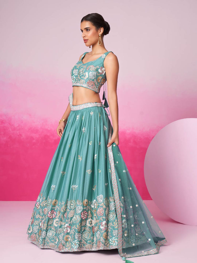 Women Turquois Blue Pure Georgette Sequins embroidery Lehenga choli & Dupatta