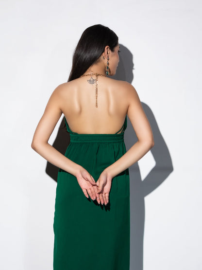 Dhiyona ST Women's Metal Strap Korean Emerald Dress Set with Satin Organza Cape 2 Piece Set | A-Line, V Neck, Sleeveless, Partywear, (Satin Organza)