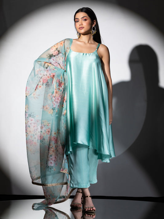 Dhiyona ST Women's Mint Stripe Satin Dress Set with Pants and Organza Printed Dupatta with Lace 3 Piece Set | Straight Fit, Round Neck, Sleeveless, Pants, Partywear, (Satin Organza)