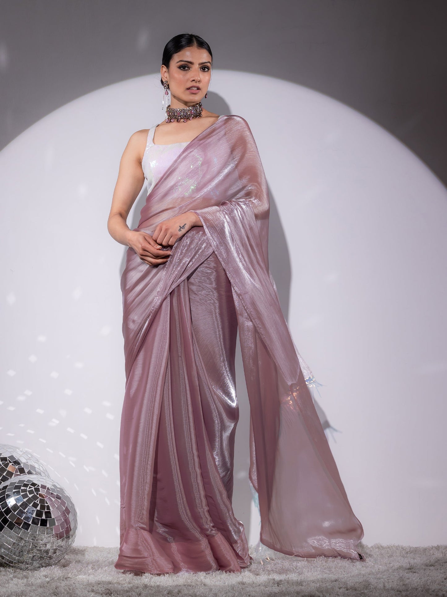Dhiyona ST Rosy Cloud Organza Satin Saree with Long Iridescent Lace