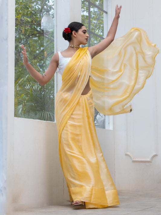 Dhiyona ST Lemon Fizz Chiffon Organza Saree with Lace and Blouse fabric