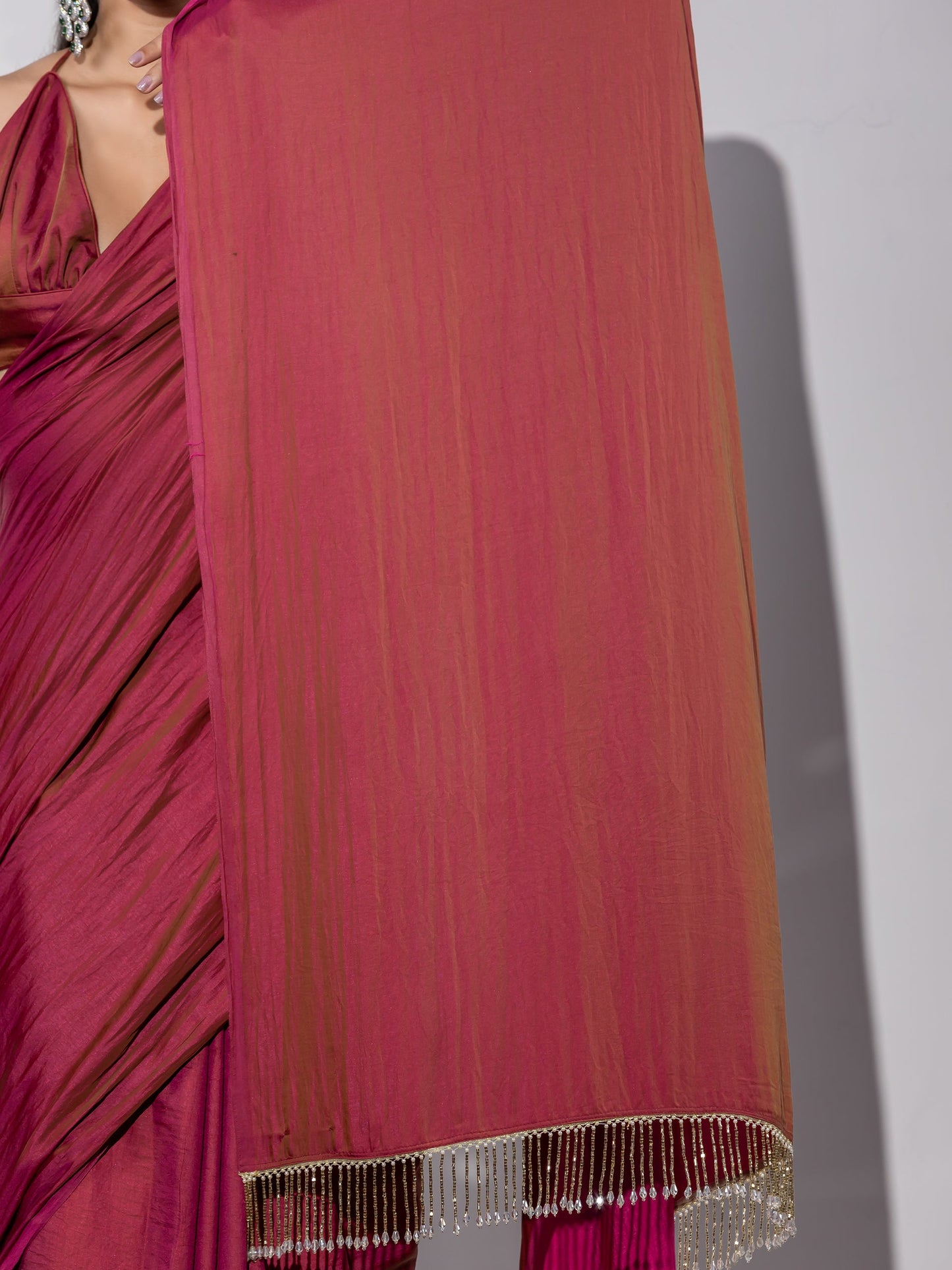 Dhiyona ST Treasure Paradise Satin Saree with Long Beads and Blouse Fabric