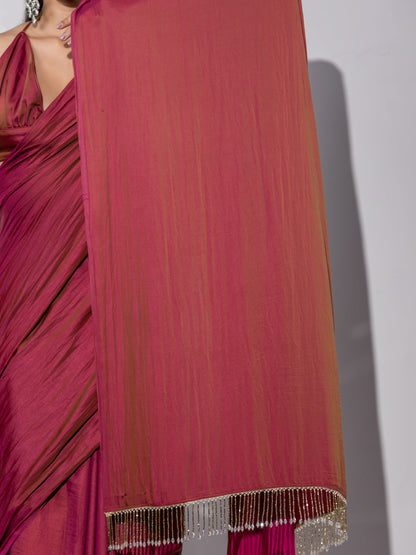 Dhiyona ST Treasure Paradise Satin Saree with Long Beads and Blouse Fabric