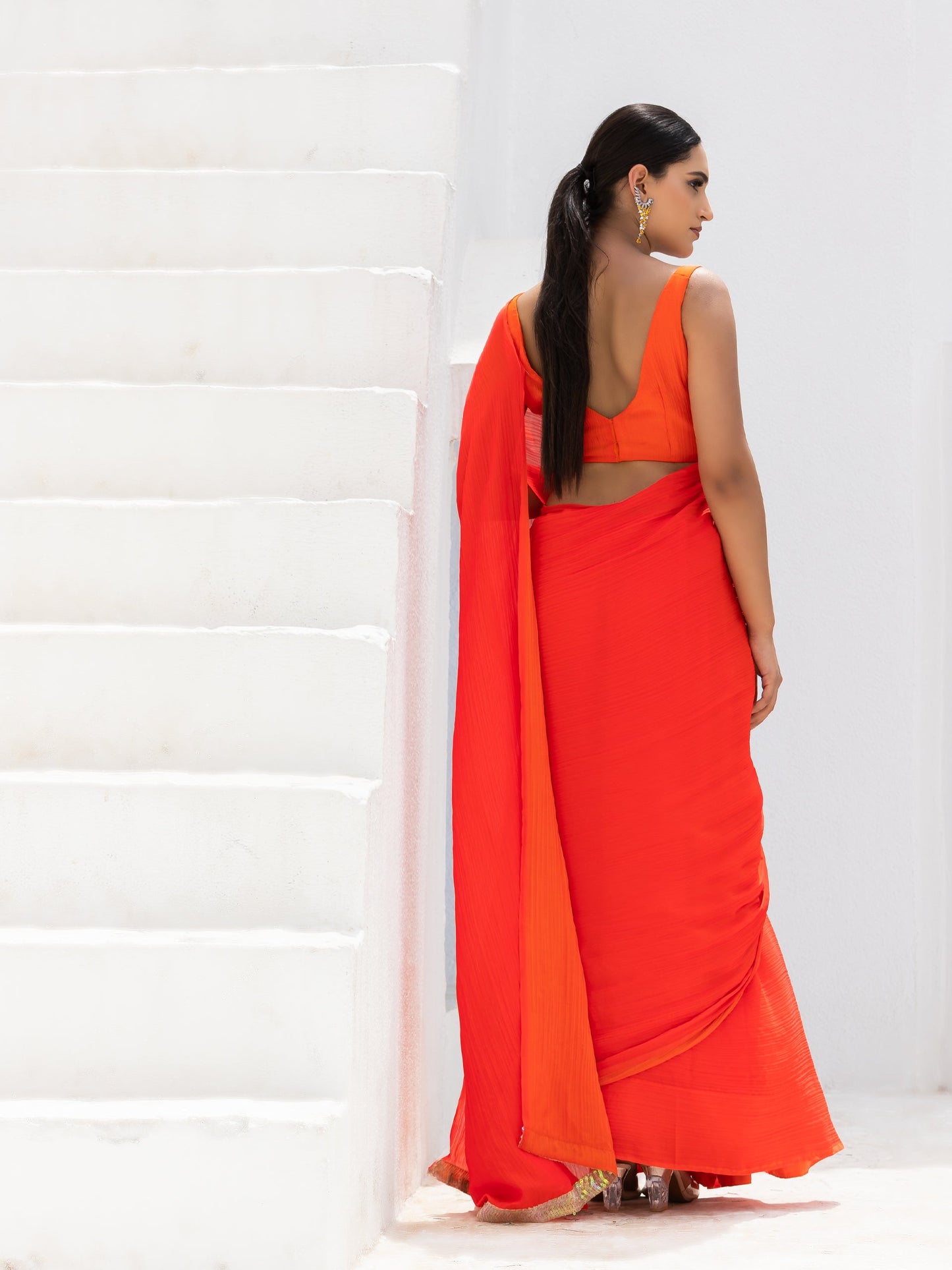 Dhiyona ST Candy Orange Yellow Pure Chiffon Saree with Blouse Fabric