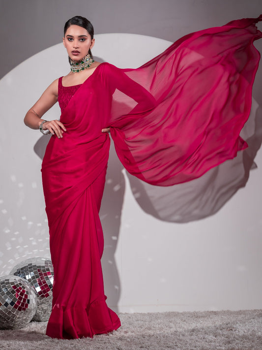 Dhiyona ST Romantic Crimson Butter Chiffon Saree with Embroidered Blouse Fabric